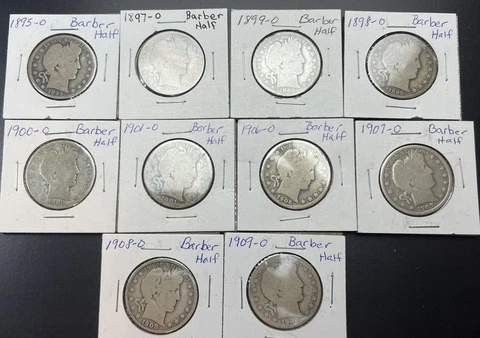 1897-O - 10 Different New Orlean Mint Barber Half Dollars 1895 - 1909 With 1897O Cover