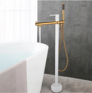 Kit de grifo de ducha de mano de relleno de bañera de oro blanco montado en el piso - Imagen 1 de 12