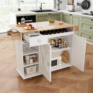 44’’ Kitchen Island Cart with Solid Wood Top, Rolling on Wheels, White & Oak - Picture 1 of 9