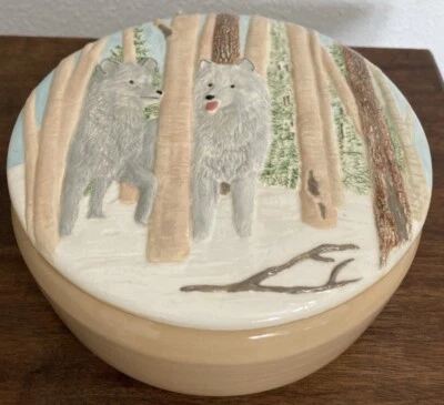 "Caja contenedor de almacenamiento de cerámica redonda de lobos y árboles 7"" X 3"" decorativa invierno" Foto 1 de 4