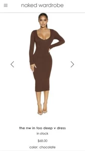 Naked Wardrobe The NW Too Deep V-Kleid, Schokolade, Gr. S, 68 $ Neu mit Etikett - Bild 1 von 6
