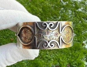 Antiker Damen Armreif Armband Goldfront breite Blumen 925 Sterling Silber - Bild 1 von 12