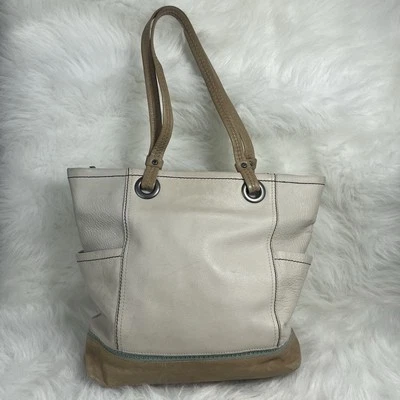 Women's Large Clarks Off White Ecru Brown Pebbled Leather Hobo Tote Bag Handbag - Image 1 of 4