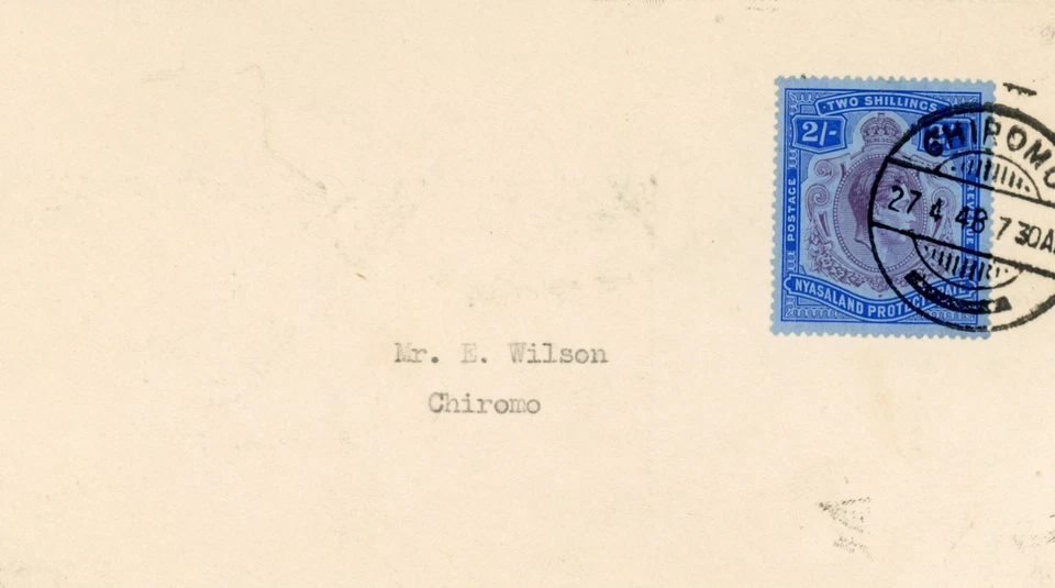 P6/18 NYASALANDIA 1948 CHIROMO CUBIERTA LOCAL 2/- PLACA CLAVE Foto 1 de 1