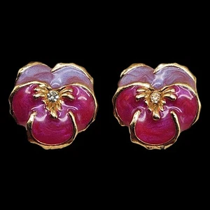 Vtg Avon Pansy Earrings Purple Pink Iridescent Enamel Viola Rhinestone Gold Tone - Imagen 1 de 8