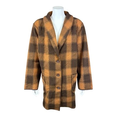 Abrigo Joan Rivers Botón Frontal Cuadros con Cuello Chal y Bolsillos Marrón Talla 2X Foto 1 de 2