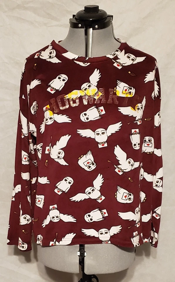 Harry Potter Hogwarts Youth Size L 12/14 Wine Red Carrier Owl Print Sleep Shirt - Image 1 of 4