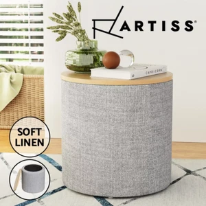 Artiss Storage Ottoman Blanket Box 60cm Foot Stool Coffee Table Linen Round Grey - Picture 1 of 8