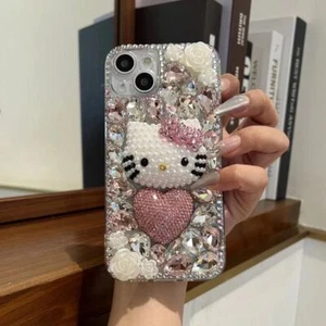 For iPhone 16 Pro Max 15 14 13 12 11 XR 3D Hello Kitty Heart Diamond Case Cover - Picture 1 of 6