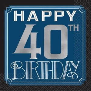 HAPPY 40th BIRTHDAY BEVERAGE NAPKINS PARTY TABLE DECORATION BLUE SILVER & BLACK - Picture 1 of 3