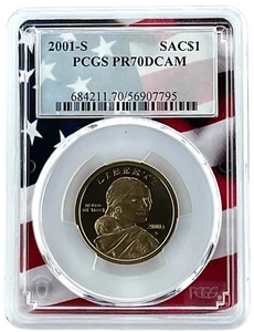 2001 S Sacagawea Dollar PCGS PR70 DCAM Flag Frame - Picture 1 of 2