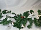 Xmas Garlands 8 Ft Poinsettia Red Berries Outdoor Indoor Ornaments Silver X 4 Pc