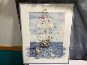 Joy Waldman Children’s Wildlife on Ship Ocean Fun Framed Print Hand Signed - Picture 1 of 9