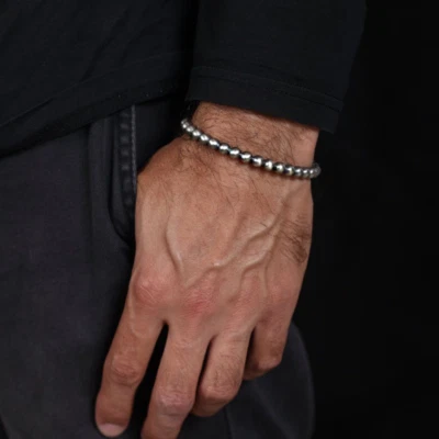 Bracciale con Perle 6mm sfere in ACCIAIO inox Argento Uomo e Donna braccialetto - Immagine 1 di 4