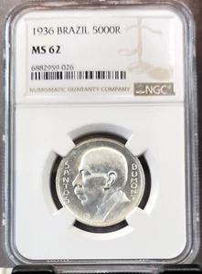 1936 BRAZIL SILVER 5000 REIS SANTOS DUMONT NGC MS 62 NICE LUSTER - Picture 1 of 3