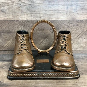 Vintage Bronzed Copper Baby Shoes Picture Photo Frame With Oval Frame - Picture 1 of 12