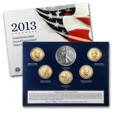 U.S. Mint Uncirculated Dollar Coin Set 6 Dollar Coins & 2013-W SILVER EAGLE XA5 - Image 1 of 4