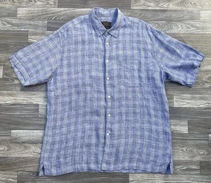 Jos. A. Bank Mens Reserve Button-Up Shirt Blue Plaid Short Sleeve Linen XL - Picture 1 of 6