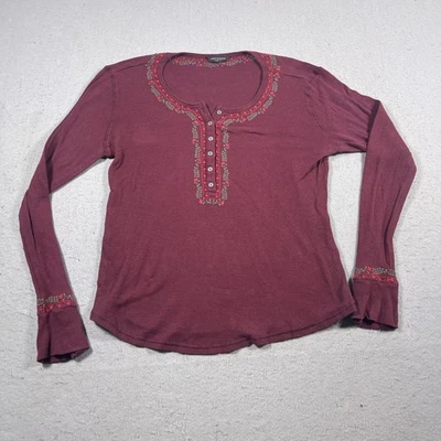 Lucky Brand Henley Top Women Size Medium Burgundy Long Sleeve Embroidered Boho - Image 1 of 4