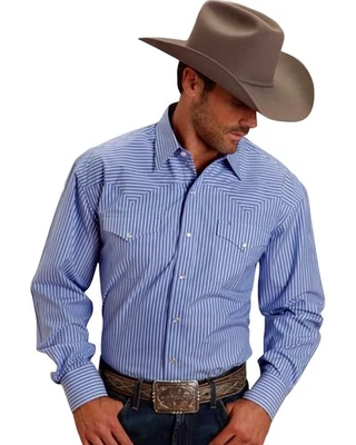 Stetson 男式条纹长袖 Snap Western 衬衫 - 11-001-0476-0802 BU — 第 1/2 张图片