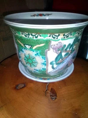 Maceta y platillo vintage de porcelana verde y blanco pavo real dorado Foto 1 de 4