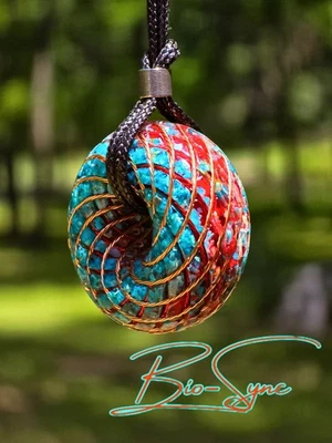 Phi Torus "Sky-Earth" Vortex Energy Pendant Copper Kingman Turquoise, Red Coral  - Image 1 of 2