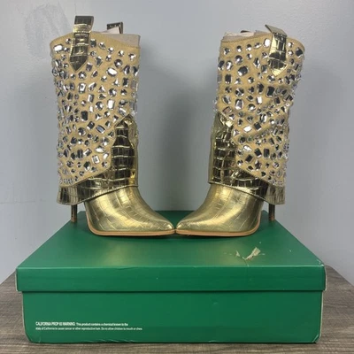 Lauren Lorraine Hana Metallic Gold Embellished Stiletto Heel Cowboy Boots Size 7 - Image 1 of 4