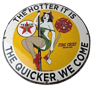 Vintage Texaco Gasoline Sign - Fire Pole Fire Chief Gas Pump Ad Porcelain Sign - Picture 1 of 13
