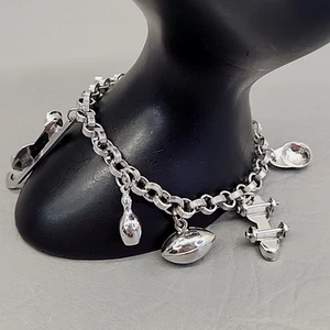 Vintage Coro Charm Bracelet Sports Skates Ball Cap Football Silver Tone 7" - Picture 1 of 17