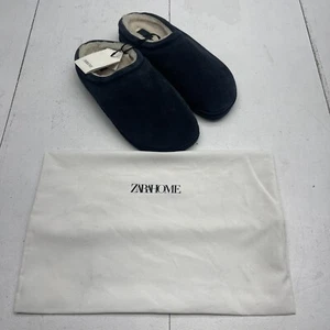 Zara Home Navy Blue Warm Leather Mule Slippers Mens Size 7 New - Picture 1 of 10