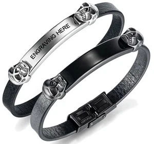 "Pulsera de identificación grabable de cuero calavera de 8" de acero inoxidable para hombre grabado sin - Imagen 1 de 5