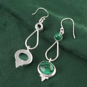 Gift For Women Drop/Dangle Earrings 925 Silver Natural Malachite Gemstone - Picture 1 of 9