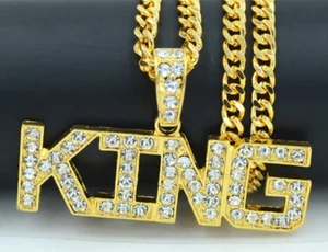 14k Gold Iced CZ Letter King Cuban Curb Link Chain Chunky Choker Necklace - Picture 1 of 9