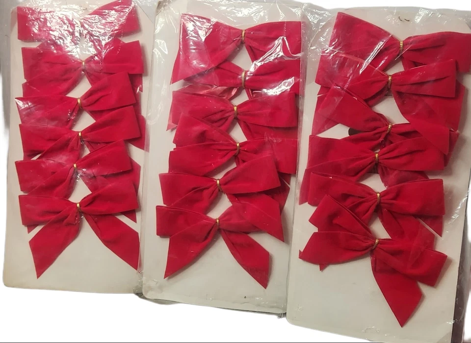 Lot of 18 Bows Christmas Party Red Flocked Bows with Gold Tinsel Tie - Image 1 of 1