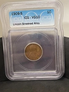 ICG VG-10 1909-S Lincoln Cent 1c STREAKED ALLOY Copper Penny - Picture 1 of 4