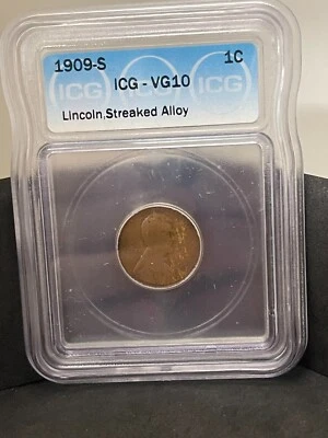 ICG VG-10 1909-S Lincoln Cent 1c STREAKED ALLOY Copper Penny - Image 1 of 4