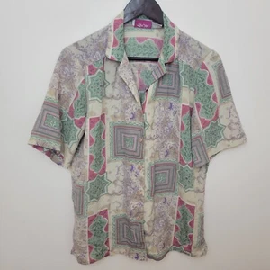 Vintage Womens Blouse Top Shirt Size 18 Green Pink 80s Indian Boho Work Smart - Picture 1 of 6
