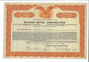 NEW YORK? 1928 McAlpin Hotel Corporation Stock Certificate #7 - Picture 1 of 2