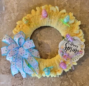 Happy Spring Wreath w Yellow Chenille and Colored Eggs 14" Round Very Soft - Picture 1 of 1