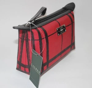 NEW RALPH LAUREN Cosmetic Pouch Red Black Plaid SWANFIELD Leather Strap $78  - Picture 1 of 7