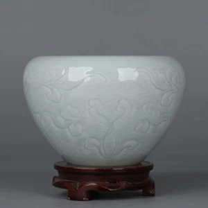 5.7" China Song Shadow Green Glaze Porcelain Carve Peony Design Brush Washers - Picture 1 of 7