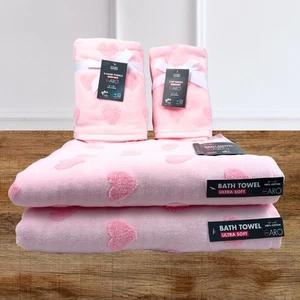 Caro Home 6-teiliges Badetuch-Set Häschen rosa Herzen weiche Baumwolle 2 Bad 2 Hände 2 Spitze - Bild 1 von 13