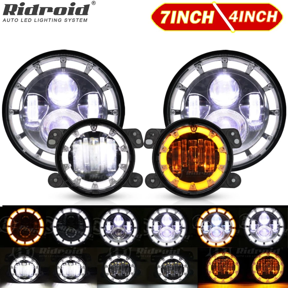 7" LED Headlights & 4" Fog Lights Turn Signal For 2007-2017 2018 Jeep Wrangler - Image 1 of 4