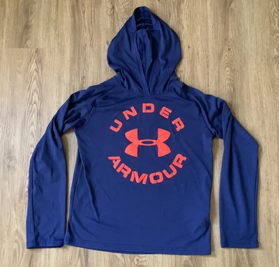 Sudadera con capucha Under Armour Heatgear para niño talla YXL azul con logotipo naranja Foto 1 de 3
