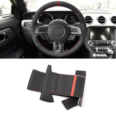 DIY Black+RED Leather Steering Wheel Cover For Ford Mustang 2015-2021 Mustang GT - Image 1 of 4