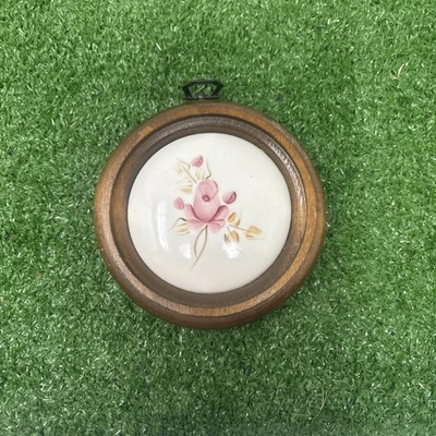 Vintage Ceramic Hand Painted Rose plaque, wooden - Image 1 of 2