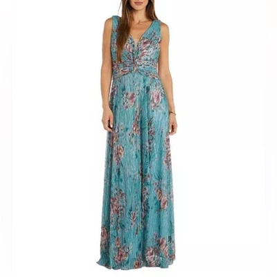 R & M Richards Women's Metallic Floral Print Sleeveless Gown Turquoise Sz 12 - Image 1 of 4