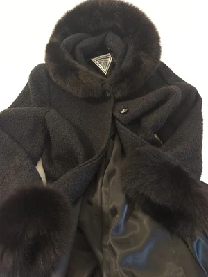 Abrigo Midi Boucle Lana De Colección Marvin Richards 10P Piel de Zorro Con Capucha Negro Elegante Elegante Elegante Foto 1 de 4