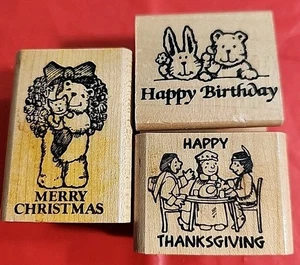 FEARLESS DESIGN Vintage Rubber Stamp 3pc LOT Thanksgiving Christmas Birthday  - Picture 1 of 19