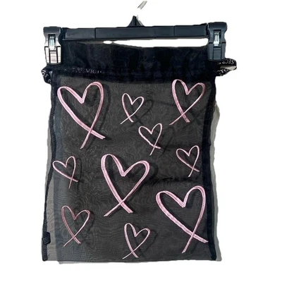 Victoria's Secret Lingerie Black Mesh Bag Pink Embroidered Hearts Sheer New Tags - Image 1 of 4
